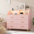 Lighted Chest of Drawer, Modern Black 6 Drawer Dresser with Charging Station, Open Shelf, Large Drawer Cabinet for Living Room, Bedroom