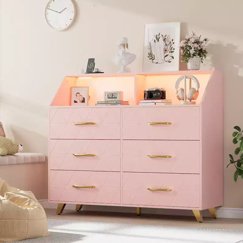 Lighted Chest of Drawer, Modern Black 6 Drawer Dresser with Charging Station, Open Shelf, Large Drawer Cabinet for Living Room, Bedroom