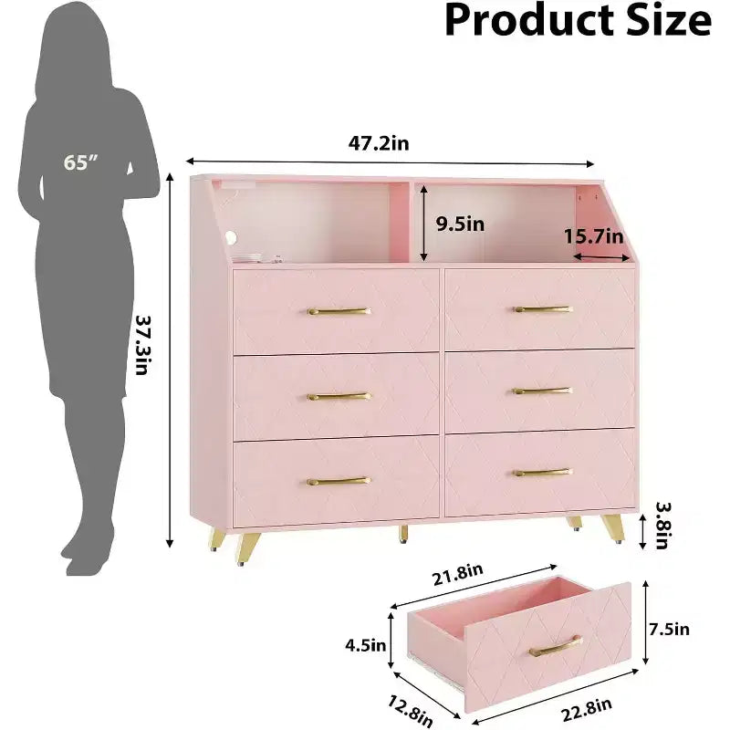 Commode lumineuse, commode moderne noire à 6 tiroirs avec station de charge, étagère ouverte, grand meuble de rangement pour salon, chambre à coucher