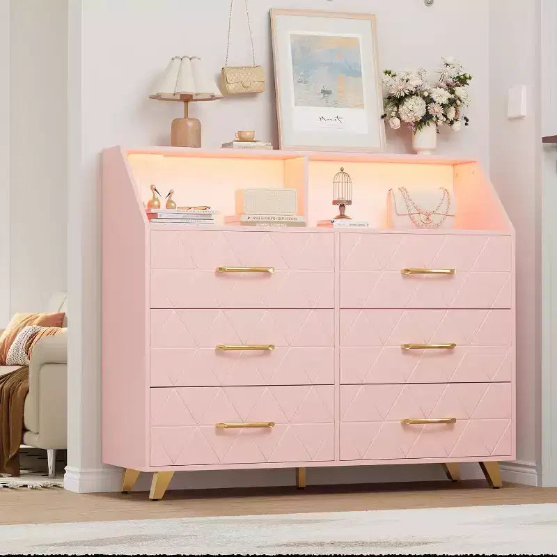 Commode lumineuse, commode moderne noire à 6 tiroirs avec station de charge, étagère ouverte, grand meuble de rangement pour salon, chambre à coucher