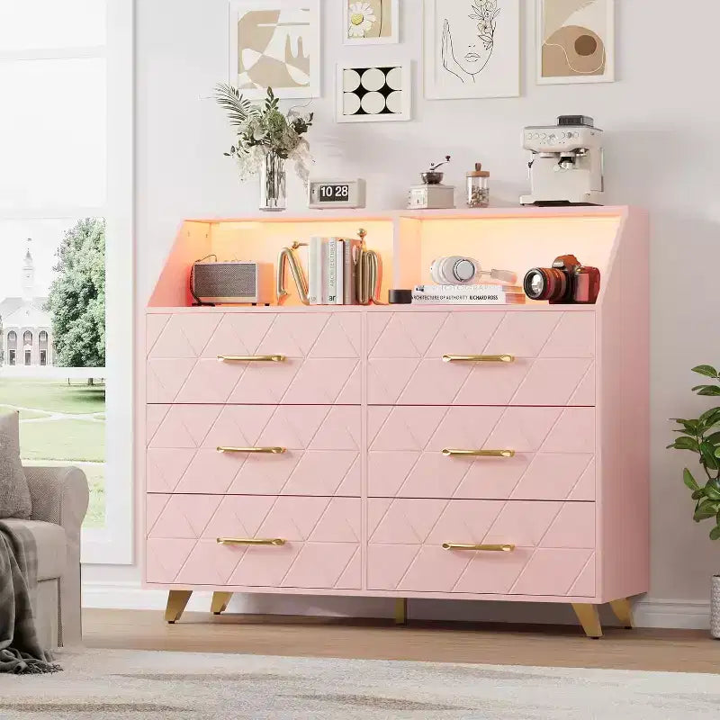 Commode lumineuse, commode moderne noire à 6 tiroirs avec station de charge, étagère ouverte, grand meuble de rangement pour salon, chambre à coucher