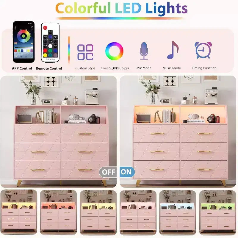 Commode lumineuse, commode moderne noire à 6 tiroirs avec station de charge, étagère ouverte, grand meuble de rangement pour salon, chambre à coucher