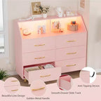 Commode lumineuse, commode moderne noire à 6 tiroirs avec station de charge, étagère ouverte, grand meuble de rangement pour salon, chambre à coucher