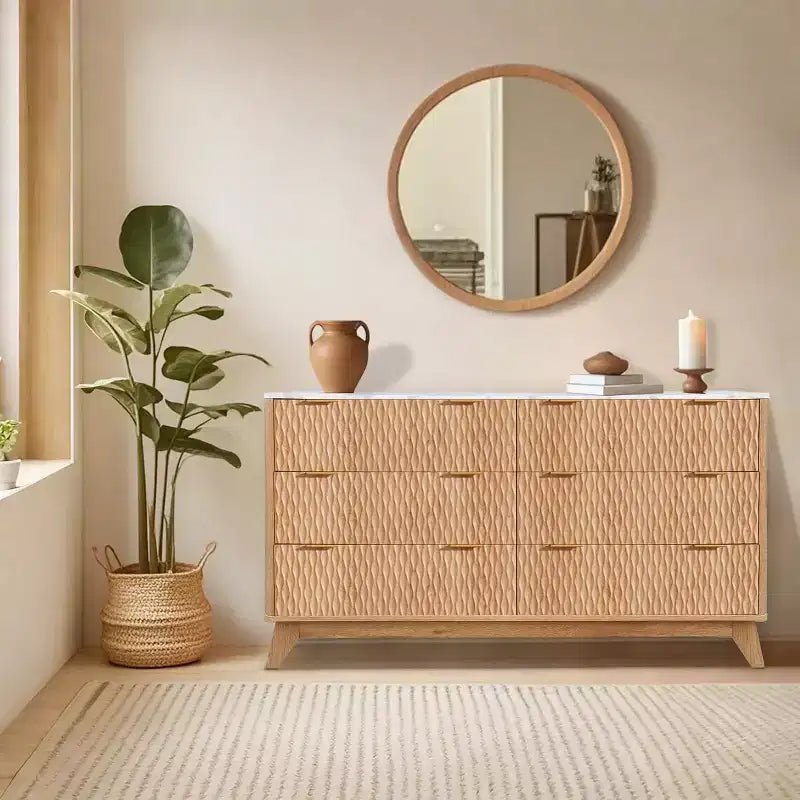 Bedroom Chest of Dresser Wood, 54 Drip Pattern Six-Drawer Chest with Faux Marble Top, for Nursery, Bedroom, Living Room (Oak.)