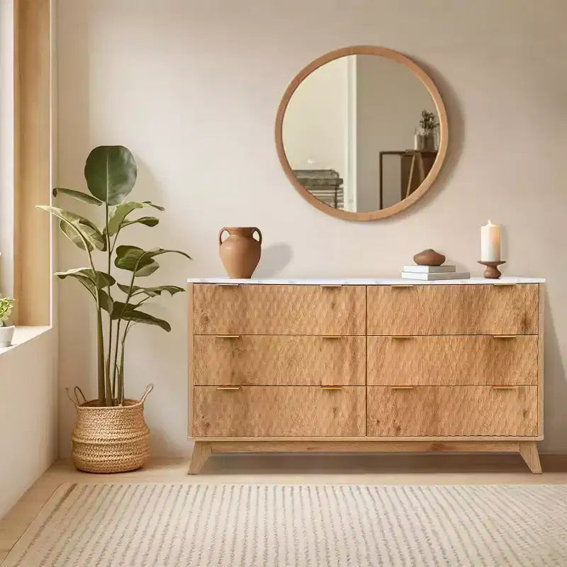 Commode de chambre en bois, commode à six tiroirs avec motif goutte de 54 po et dessus en faux marbre, pour chambre d'enfant, chambre à coucher, salon (chêne).