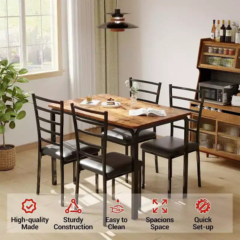 Ensemble de salle à manger carré 5 pièces avec 4 chaises - Cadre en métal peu encombrant et plateau de table en MDF - Parfait pour les petits espaces - Facile à assembler