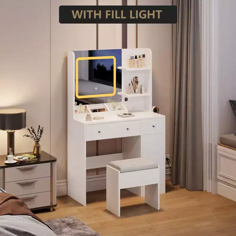 Coiffeuse et tabouret avec miroir et lumières, coiffeuse avec station de recharge, tiroirs, étagères de rangement