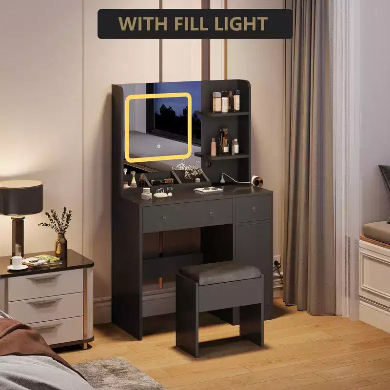 Coiffeuse et tabouret avec miroir et lumières, coiffeuse avec station de recharge, tiroirs, étagères de rangement