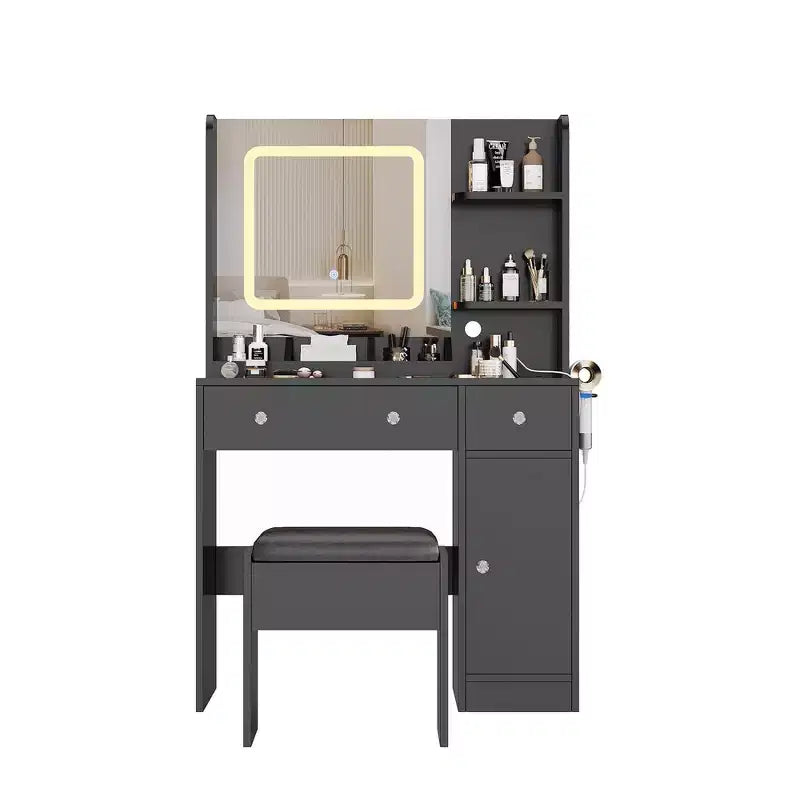 Vanity Desk and Stool with Mirror and LightsMakeup Vanity with Charging Station, Drawers, Storage Shelves