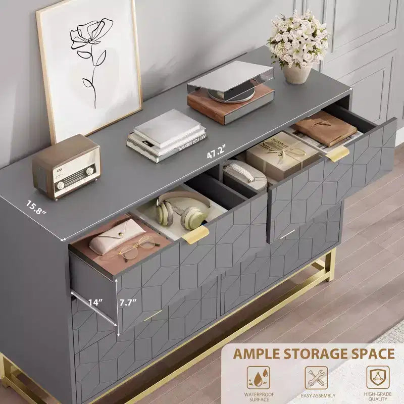 Commode TROPOW islamique géométrique à 6 tiroirs (120x80x45Cm) - Commode en bois d'acacia de qualité supérieure et métal doré avec étagère à Coran pour Majlis et chambres à coucher