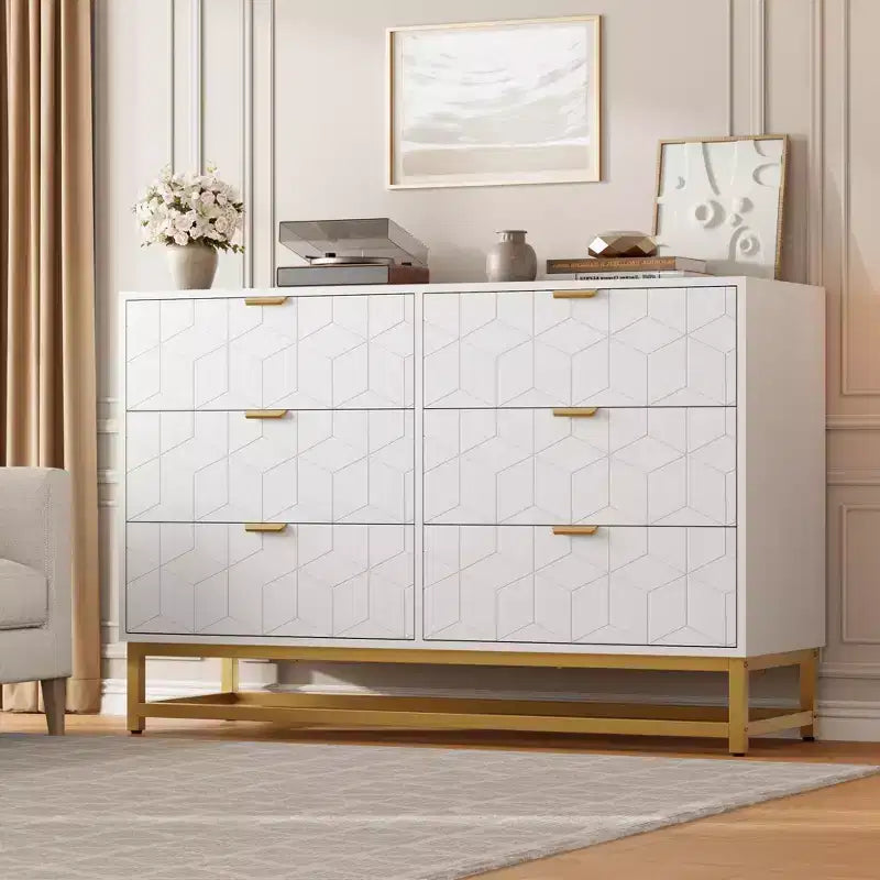 Commode TROPOW islamique géométrique à 6 tiroirs (120x80x45Cm) - Commode en bois d'acacia de qualité supérieure et métal doré avec étagère à Coran pour Majlis et chambres à coucher