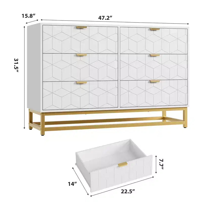 Commode TROPOW islamique géométrique à 6 tiroirs (120x80x45Cm) - Commode en bois d'acacia de qualité supérieure et métal doré avec étagère à Coran pour Majlis et chambres à coucher