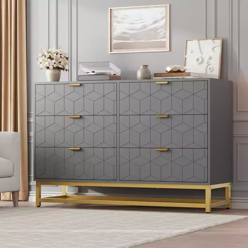 Commode TROPOW islamique géométrique à 6 tiroirs (120x80x45Cm) - Commode en bois d'acacia de qualité supérieure et métal doré avec étagère à Coran pour Majlis et chambres à coucher