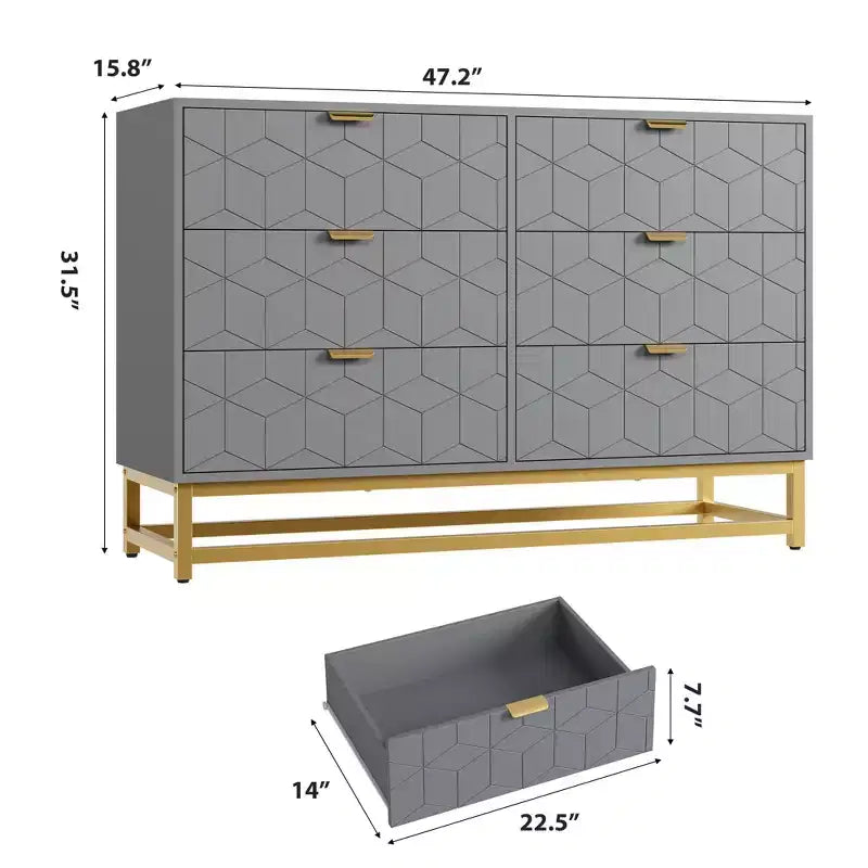 Commode TROPOW islamique géométrique à 6 tiroirs (120x80x45Cm) - Commode en bois d'acacia de qualité supérieure et métal doré avec étagère à Coran pour Majlis et chambres à coucher