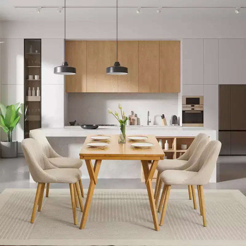 Lot de 2 chaises de salle à manger, chaises d'appoint de cuisine modernes rembourrées en tissu, chaises de salle à manger à dossier incurvé avec pieds en chêne, chaise de salle à manger sans accoudoirs (beige)