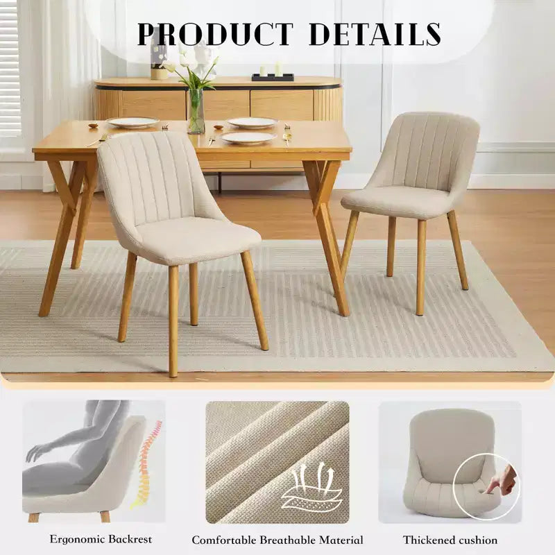 Lot de 2 chaises de salle à manger, chaises d'appoint de cuisine modernes rembourrées en tissu, chaises de salle à manger à dossier incurvé avec pieds en chêne, chaise de salle à manger sans accoudoirs (beige)