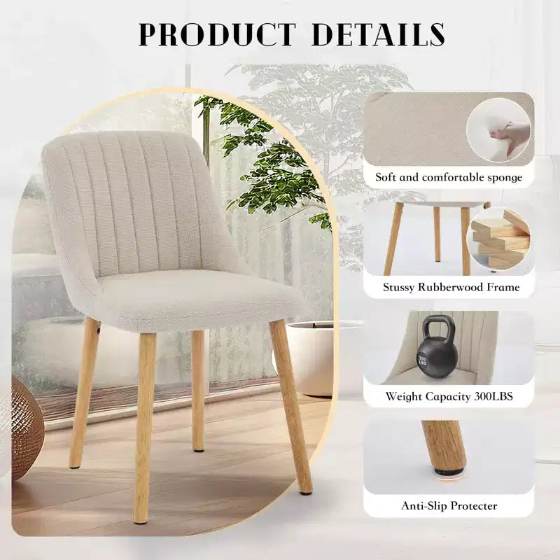 Lot de 2 chaises de salle à manger, chaises d'appoint de cuisine modernes rembourrées en tissu, chaises de salle à manger à dossier incurvé avec pieds en chêne, chaise de salle à manger sans accoudoirs (beige)
