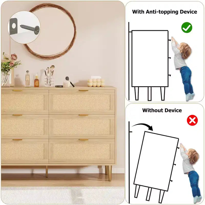 Commode TROPOW en rotin naturel à 6 tiroirs pour chambre à coucher, commode moderne avec pieds et poignées dorés, commode double large avec grand plateau