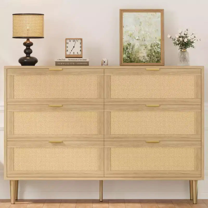 Commode TROPOW en rotin naturel à 6 tiroirs pour chambre à coucher, commode moderne avec pieds et poignées dorés, commode double large avec grand plateau