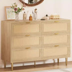 Commode TROPOW en rotin naturel à 6 tiroirs pour chambre à coucher, commode moderne avec pieds et poignées dorés, commode double large avec grand plateau