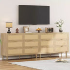 Commode TROPOW en rotin naturel à 6 tiroirs pour chambre à coucher, commode moderne avec pieds et poignées dorés, commode double large avec grand plateau