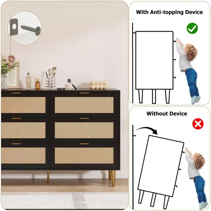 Commode TROPOW en rotin naturel à 6 tiroirs pour chambre à coucher, commode moderne avec pieds et poignées dorés, commode double large avec grand plateau