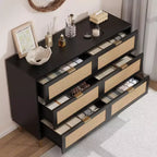 Commode TROPOW en rotin naturel à 6 tiroirs pour chambre à coucher, commode moderne avec pieds et poignées dorés, commode double large avec grand plateau