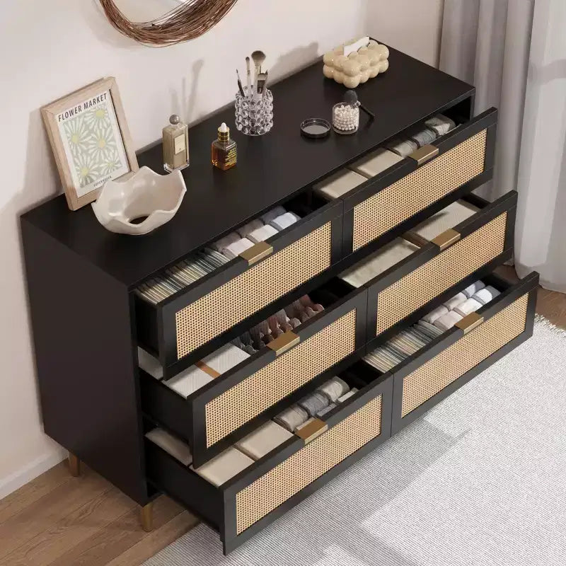 Commode TROPOW en rotin naturel à 6 tiroirs pour chambre à coucher, commode moderne avec pieds et poignées dorés, commode double large avec grand plateau