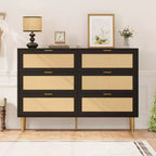 Commode TROPOW en rotin naturel à 6 tiroirs pour chambre à coucher, commode moderne avec pieds et poignées dorés, commode double large avec grand plateau