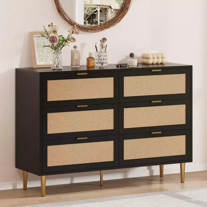 Commode TROPOW en rotin naturel à 6 tiroirs pour chambre à coucher, commode moderne avec pieds et poignées dorés, commode double large avec grand plateau