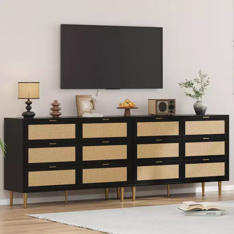Commode TROPOW en rotin naturel à 6 tiroirs pour chambre à coucher, commode moderne avec pieds et poignées dorés, commode double large avec grand plateau
