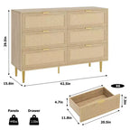 Commode TROPOW en rotin naturel à 6 tiroirs pour chambre à coucher, commode moderne avec pieds et poignées dorés, commode double large avec grand plateau
