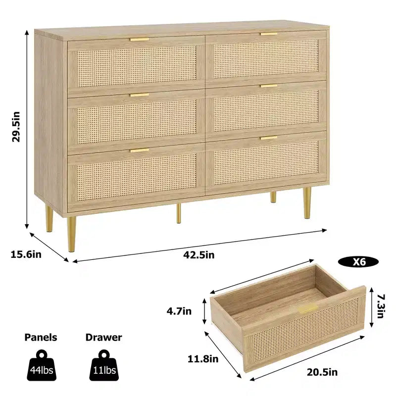 Commode TROPOW en rotin naturel à 6 tiroirs pour chambre à coucher, commode moderne avec pieds et poignées dorés, commode double large avec grand plateau