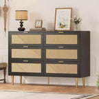 TROPOW Natural Rattan 6 Drawer Dresser for Bedroom, Modern Chest of Drawers with Gold Legs and Gold Handles, Wide Double Dresser with Large Tabletop