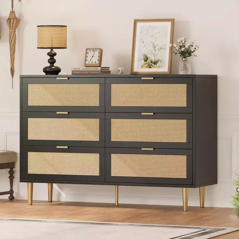 TROPOW Natural Rattan 6 Drawer Dresser for Bedroom, Modern Chest of Drawers with Gold Legs and Gold Handles, Wide Double Dresser with Large Tabletop