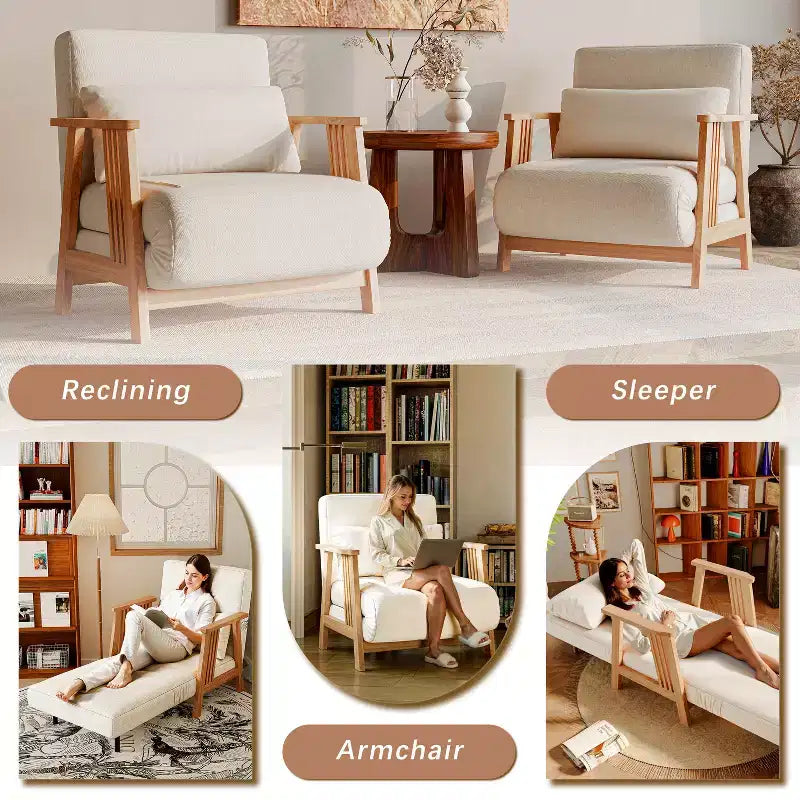 ATJafurn Fauteuils d'appoint pour salon, fauteuil de canapé moderne avec oreiller et cadre en bois, canapé-lit pliant 3 en 1 confortable pour chambre à coucher, bureau à domicile