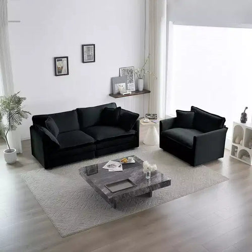 2 Pieces 3 seats Upholstered Chenille Sofa Living Room Couch Furniture Black Chenille