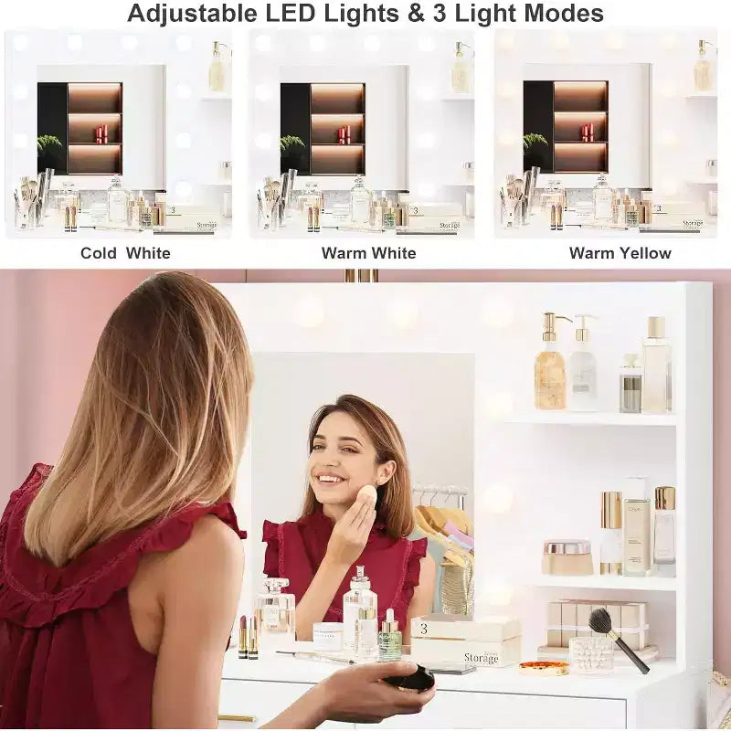 DobleePy 61 Coiffeuse avec Miroir LED, 3 Modes d'Éclairage, 8 Tiroirs et 2 Étagères, Luminosité Réglable, en MDF Robuste
