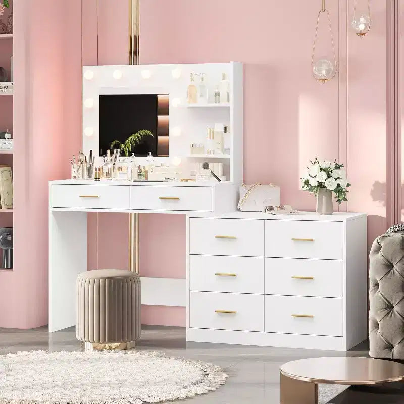 DobleePy 61 Coiffeuse avec Miroir LED, 3 Modes d'Éclairage, 8 Tiroirs et 2 Étagères, Luminosité Réglable, en MDF Robuste