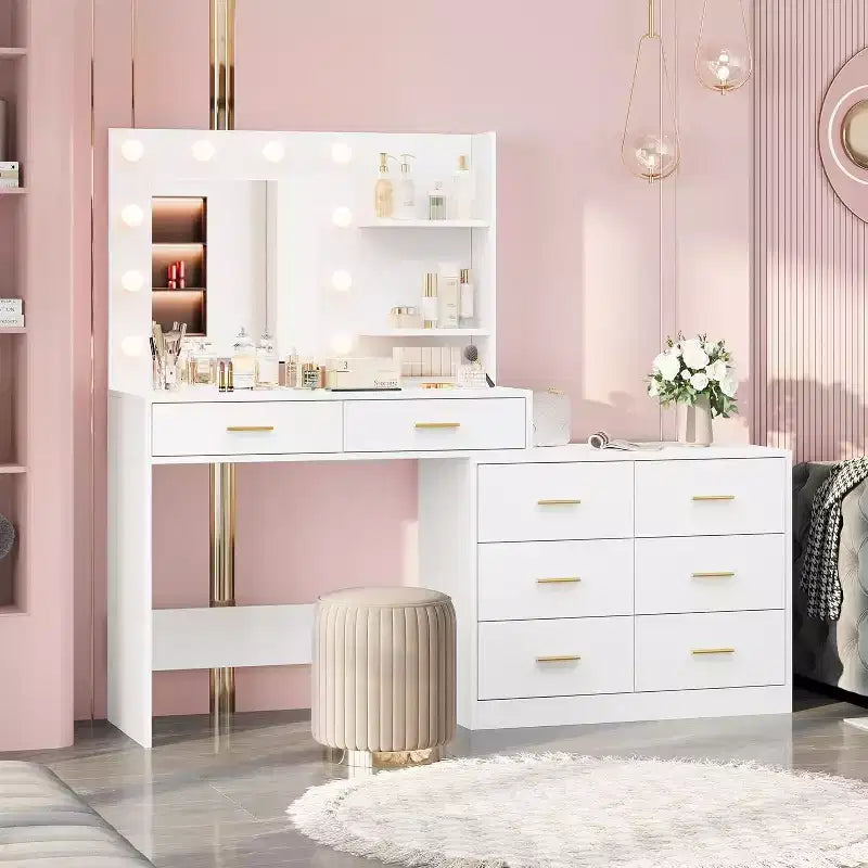 DobleePy 61 Coiffeuse avec Miroir LED, 3 Modes d'Éclairage, 8 Tiroirs et 2 Étagères, Luminosité Réglable, en MDF Robuste