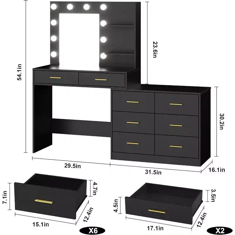 DobleePy 61 Coiffeuse avec Miroir LED, 3 Modes d'Éclairage, 8 Tiroirs et 2 Étagères, Luminosité Réglable, en MDF Robuste