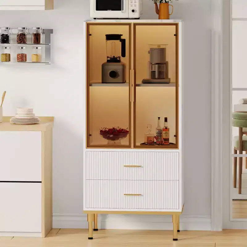 DobleePy 71 Meuble de rangement de cuisine avec lumières LED, station de charge intégrée, étagères réglables et support pour micro-ondes, rangement moderne sans poignée