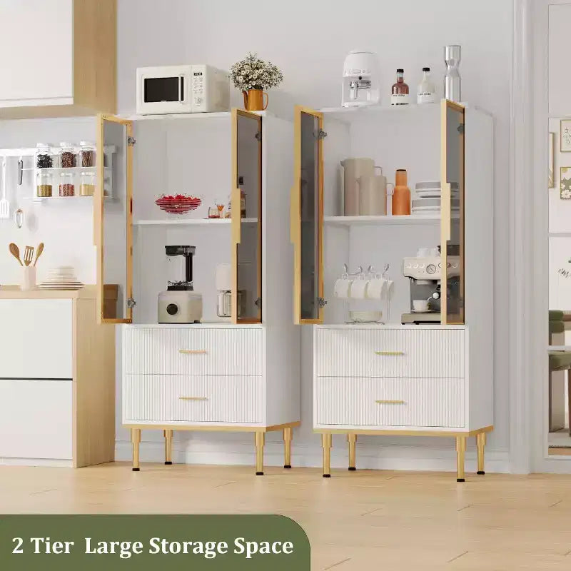 DobleePy 71 Meuble de rangement de cuisine avec lumières LED, station de charge intégrée, étagères réglables et support pour micro-ondes, rangement moderne sans poignée
