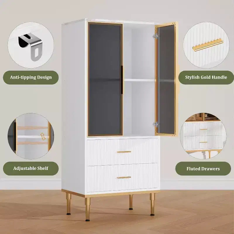 DobleePy 71 Meuble de rangement de cuisine avec lumières LED, station de charge intégrée, étagères réglables et support pour micro-ondes, rangement moderne sans poignée