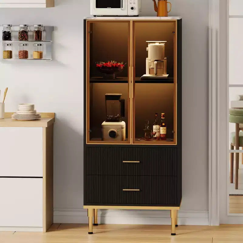 DobleePy 71 Meuble de rangement de cuisine avec lumières LED, station de charge intégrée, étagères réglables et support pour micro-ondes, rangement moderne sans poignée