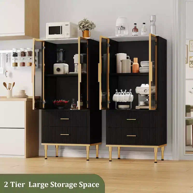 DobleePy 71 Meuble de rangement de cuisine avec lumières LED, station de charge intégrée, étagères réglables et support pour micro-ondes, rangement moderne sans poignée