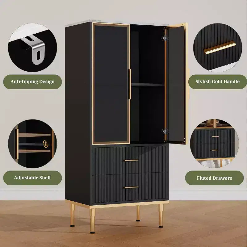 DobleePy 71 Meuble de rangement de cuisine avec lumières LED, station de charge intégrée, étagères réglables et support pour micro-ondes, rangement moderne sans poignée