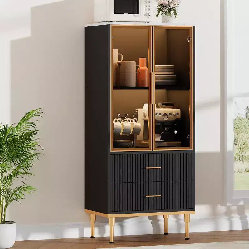 DobleePy 71 Meuble de rangement de cuisine avec lumières LED, station de charge intégrée, étagères réglables et support pour micro-ondes, rangement moderne sans poignée