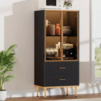 DobleePy 71 Meuble de rangement de cuisine avec lumières LED, station de charge intégrée, étagères réglables et support pour micro-ondes, rangement moderne sans poignée