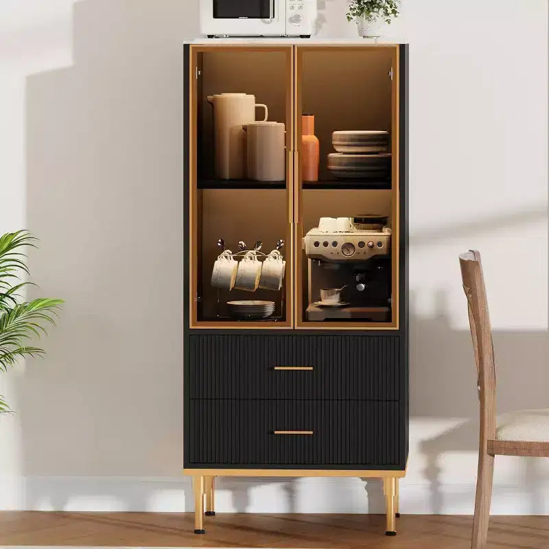 DobleePy 71 Meuble de rangement de cuisine avec lumières LED, station de charge intégrée, étagères réglables et support pour micro-ondes, rangement moderne sans poignée